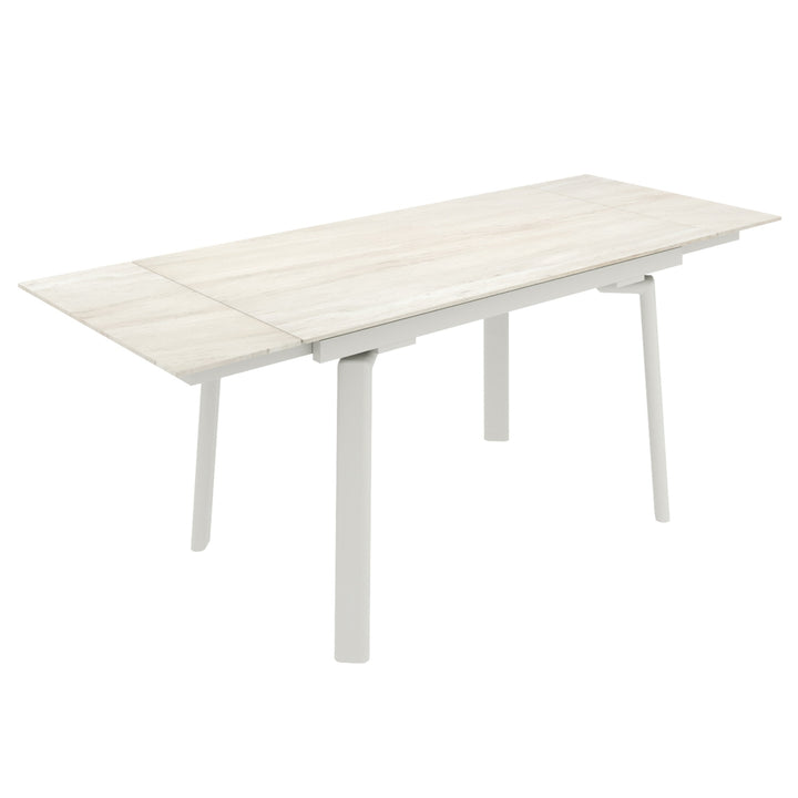 Arden Peak Contemporary Extendable Dining Table – Travertine Sintered Stone Top with Double Extension Leaves, Cream Metal Frame and Modern Dining Room Design