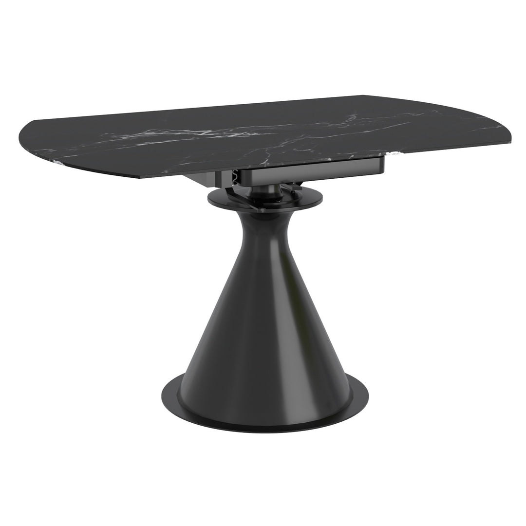 Virelle Extension Dining Table – Premium Black Sintered Stone Top with One-Handed Rotating Extension Mechanism & Black Metal Pedestal Base for Modern Dining Spaces