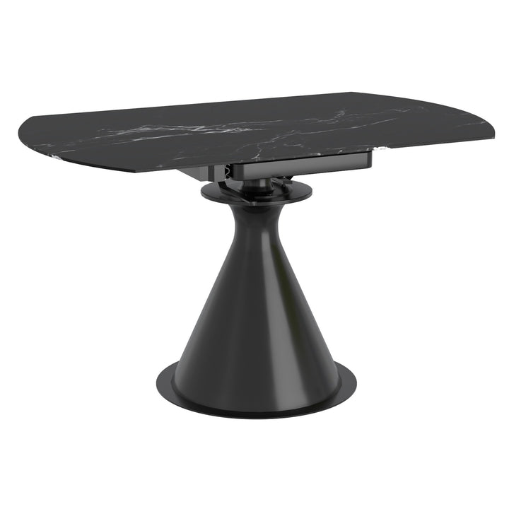 Virelle Extension Dining Table – Premium Black Sintered Stone Top with One-Handed Rotating Extension Mechanism & Black Metal Pedestal Base for Modern Dining Spaces