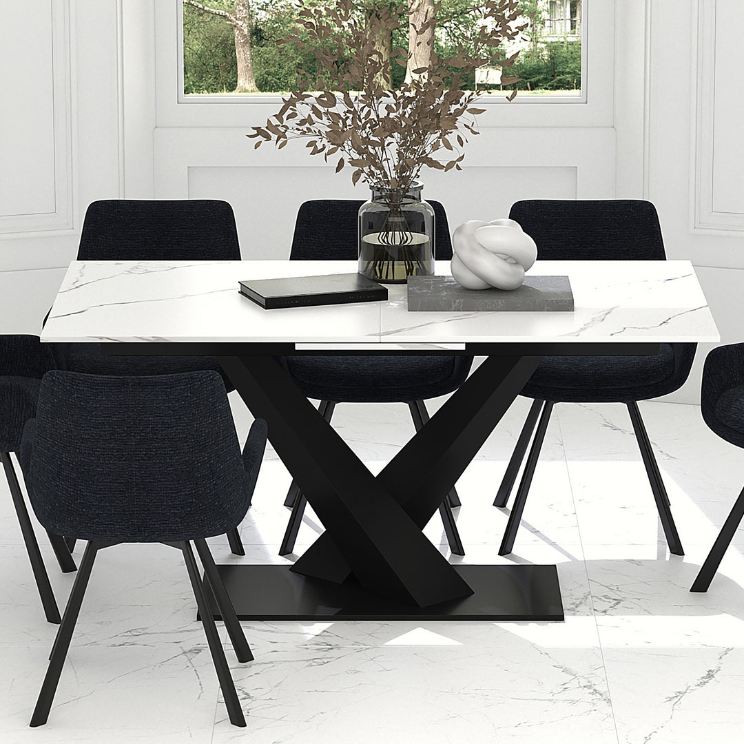 Eldoria Contemporary Extendable Dining Table – Sintered Stone Top with Geometric Black Metal Pedestal Base