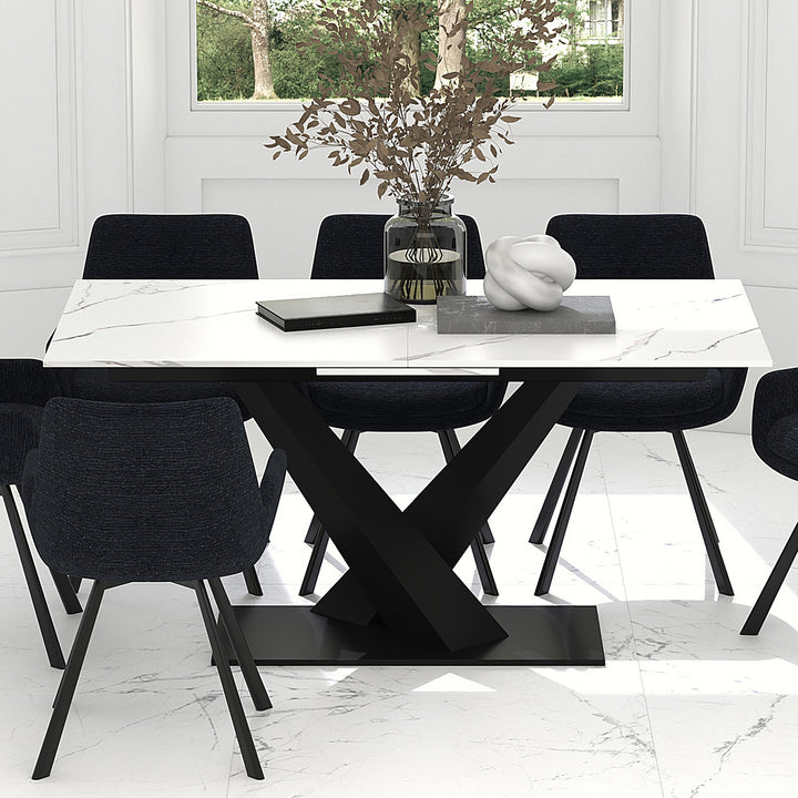 Eldoria Contemporary Extendable Dining Table – Sintered Stone Top with Geometric Black Metal Pedestal Base