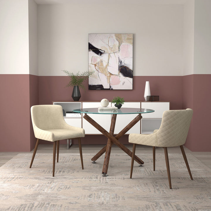 Calvion Contemporary Round Dining Table – 40" Clear Tempered Glass Top with Walnut Finish Metal Crossover Base, Brushed Stainless Steel Accent and Modern Design Dining Table