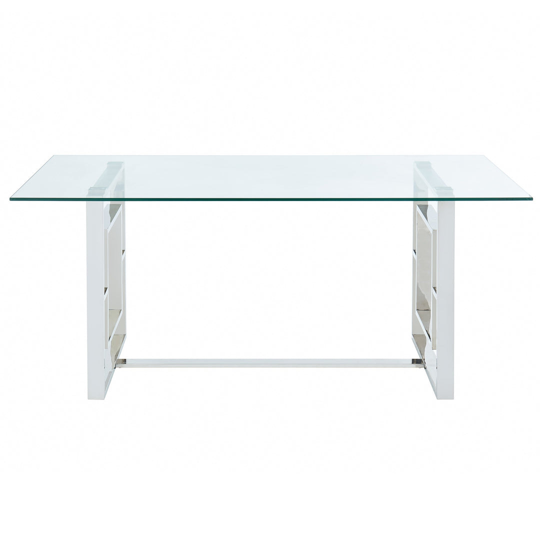 Kenvor Contemporary Glass Dining Table – 71" Rectangular 12mm Tempered Glass Top with Geometric Lattice Stainless Steel Frame and Polished Silver Finish Modern Dining Table