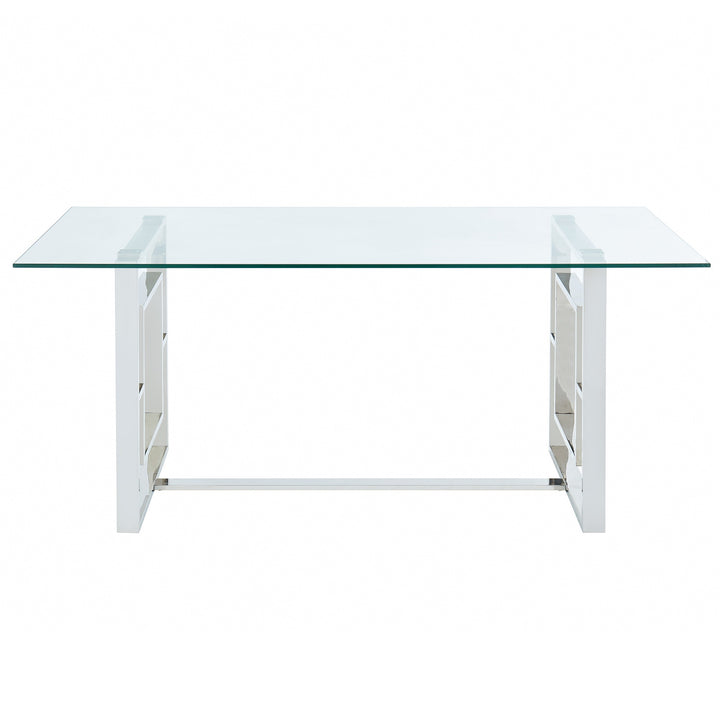 Kenvor Contemporary Glass Dining Table – 71" Rectangular 12mm Tempered Glass Top with Geometric Lattice Stainless Steel Frame and Polished Silver Finish Modern Dining Table