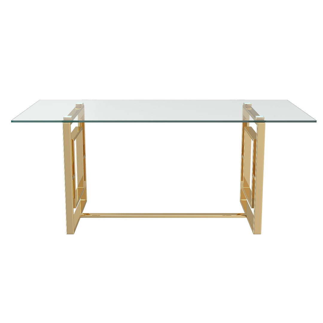 Arvello Contemporary Glass Dining Table – Rectangular Tempered Glass Top with Geometric Lattice Stainless Steel Frame and Polished Gold Finish Modern Luxury Dining Table