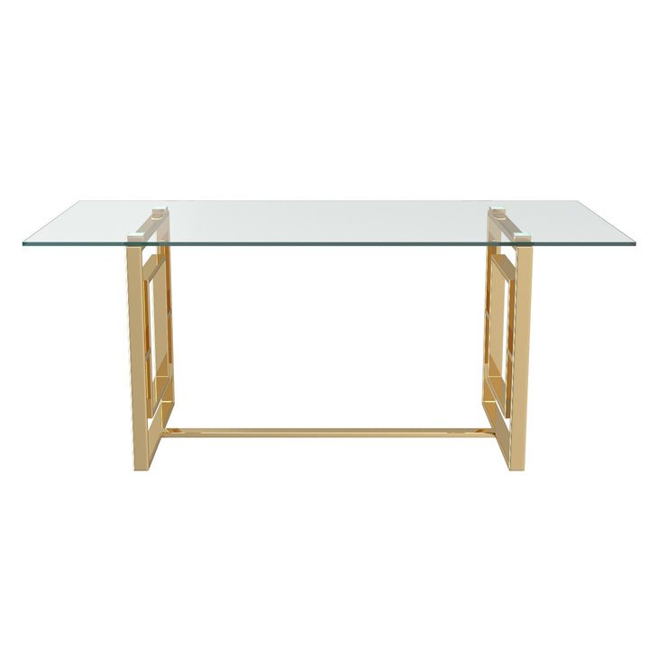 Arvello Contemporary Glass Dining Table – Rectangular Tempered Glass Top with Geometric Lattice Stainless Steel Frame and Polished Gold Finish Modern Luxury Dining Table