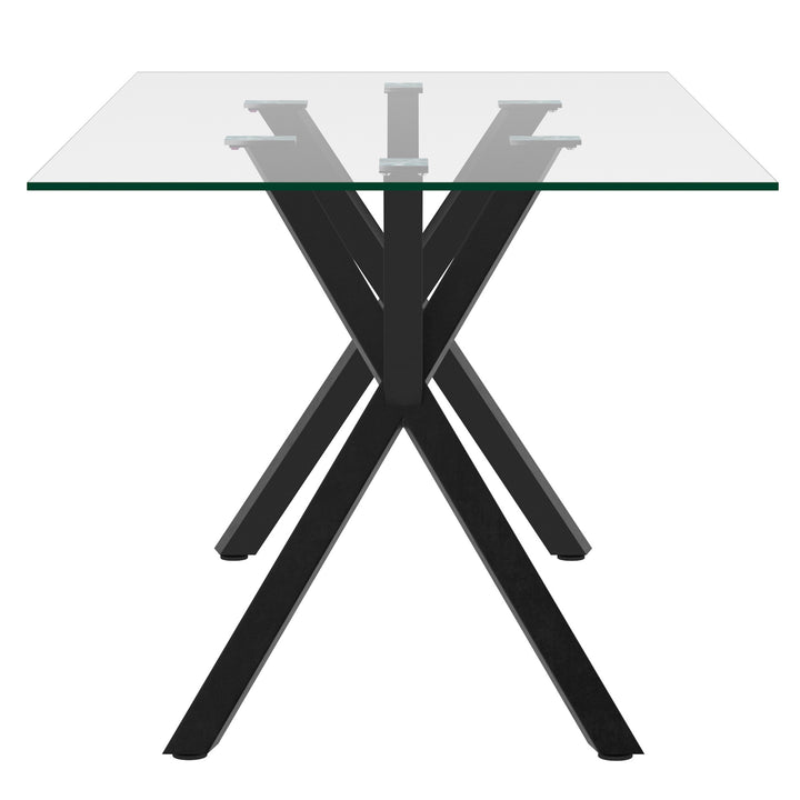 Eldora Contemporary Glass Dining Table – Rectangular Tempered Glass Top with Matte Black Metal Legs, Brushed Stainless Steel Holders and Geometric Modern Design Dining Table