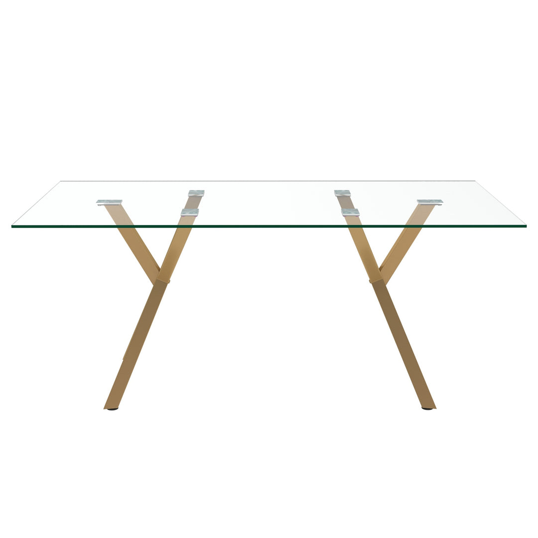 Ravello Contemporary Glass Dining Table – Rectangular Tempered Glass Top with Aged Gold Metal Legs, Brushed Stainless Steel Holders and Geometric Modern Design Dining Table