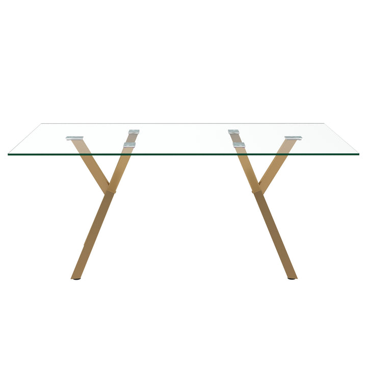 Ravello Contemporary Glass Dining Table – Rectangular Tempered Glass Top with Aged Gold Metal Legs, Brushed Stainless Steel Holders and Geometric Modern Design Dining Table