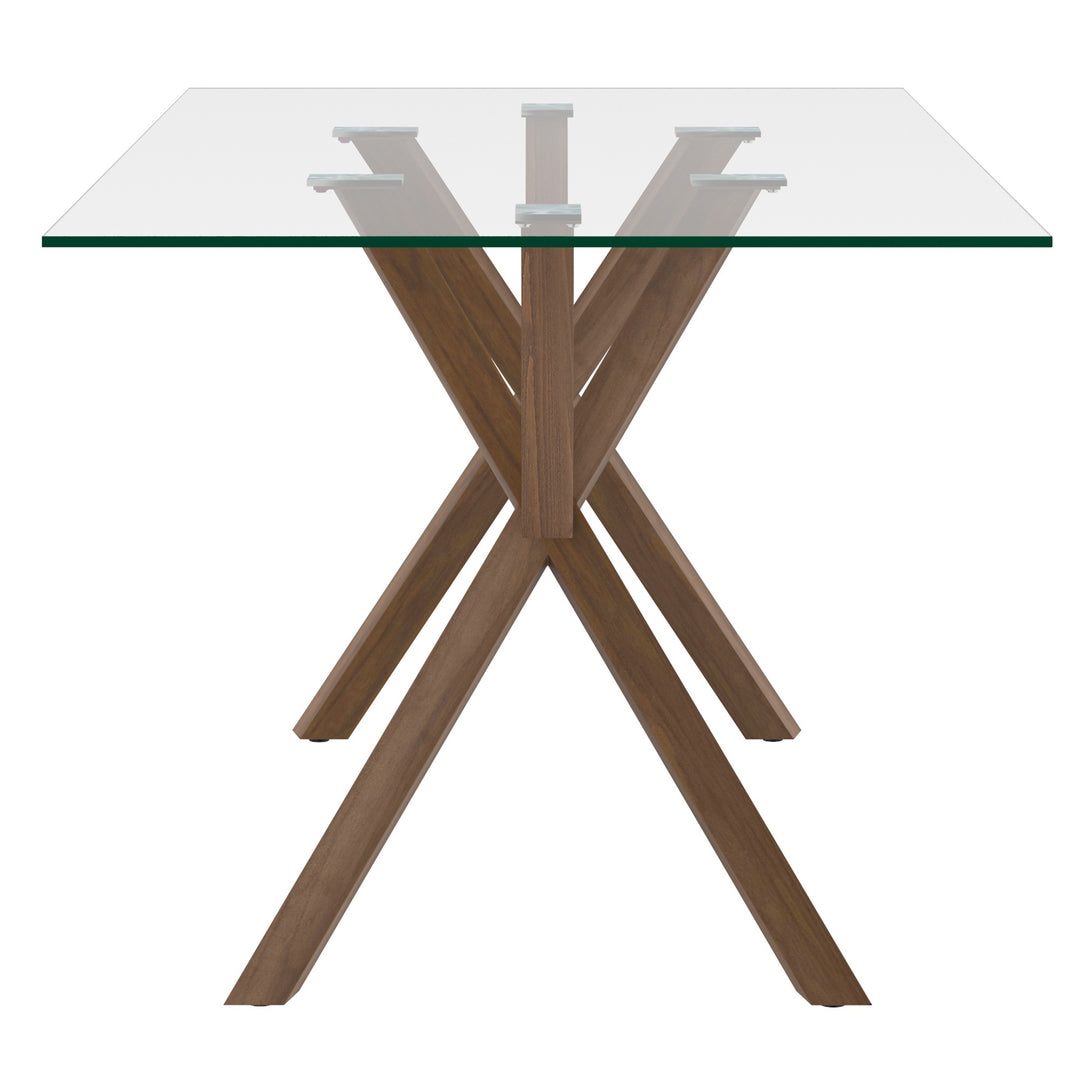 Aeris Contemporary Glass Dining Table – Rectangular Tempered Glass Top with Walnut Finish Metal Legs, Brushed Stainless Steel Holders and Geometric Modern Design Dining Table