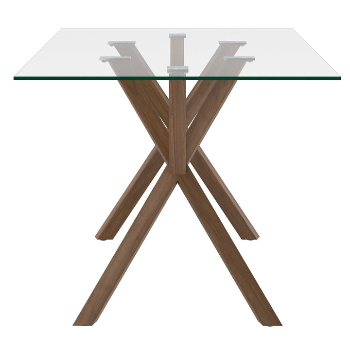 Aeris Contemporary Glass Dining Table – Rectangular Tempered Glass Top with Walnut Finish Metal Legs, Brushed Stainless Steel Holders and Geometric Modern Design Dining Table