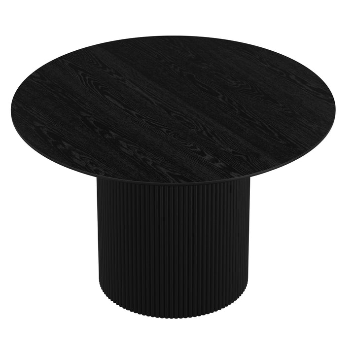 Vensaro Mid-Century Modern Round Dining Table – Engineered Wood Oak Veneer Top with Wide Reeded Pedestal Base and Reverse Bevel Wood Grain Finish Dining Table
