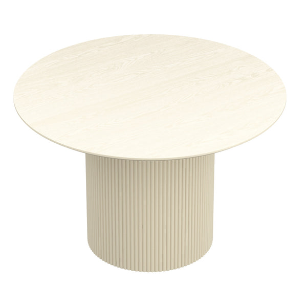 Trivano Mid-Century Modern Round Dining Table – Engineered Wood Oak Veneer Top with Wide Reeded Pedestal Base and Reverse Bevel Wood Grain Finish Dining Table