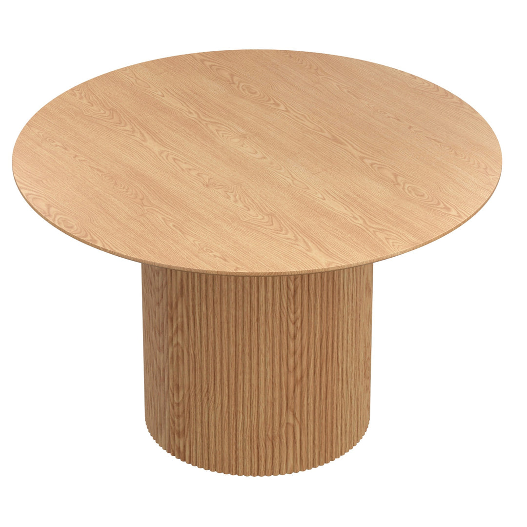 Velmora Mid-Century Modern Round Dining Table – Engineered Wood Oak Veneer Top with Reeded Pedestal Base and Reverse Bevel Wood Grain Finish Dining Table