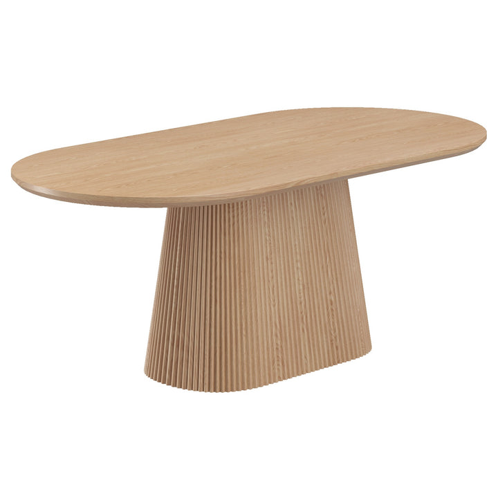 Bravion Mid-Century Modern Oval Dining Table – Engineered Wood Oak Veneer Top with Wide Reeded Pedestal Base and Reverse Bevel Wood Grain Finish Dining Table