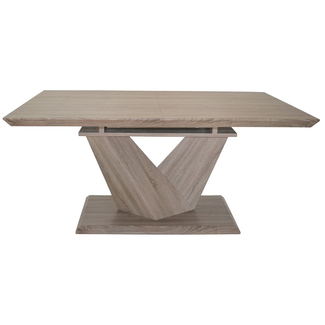 Eldora Contemporary Extendable Dining Table – Washed Oak Wood Grain Top with Butterfly Extension, Double Prism Pedestal Base and Modern Dining Design