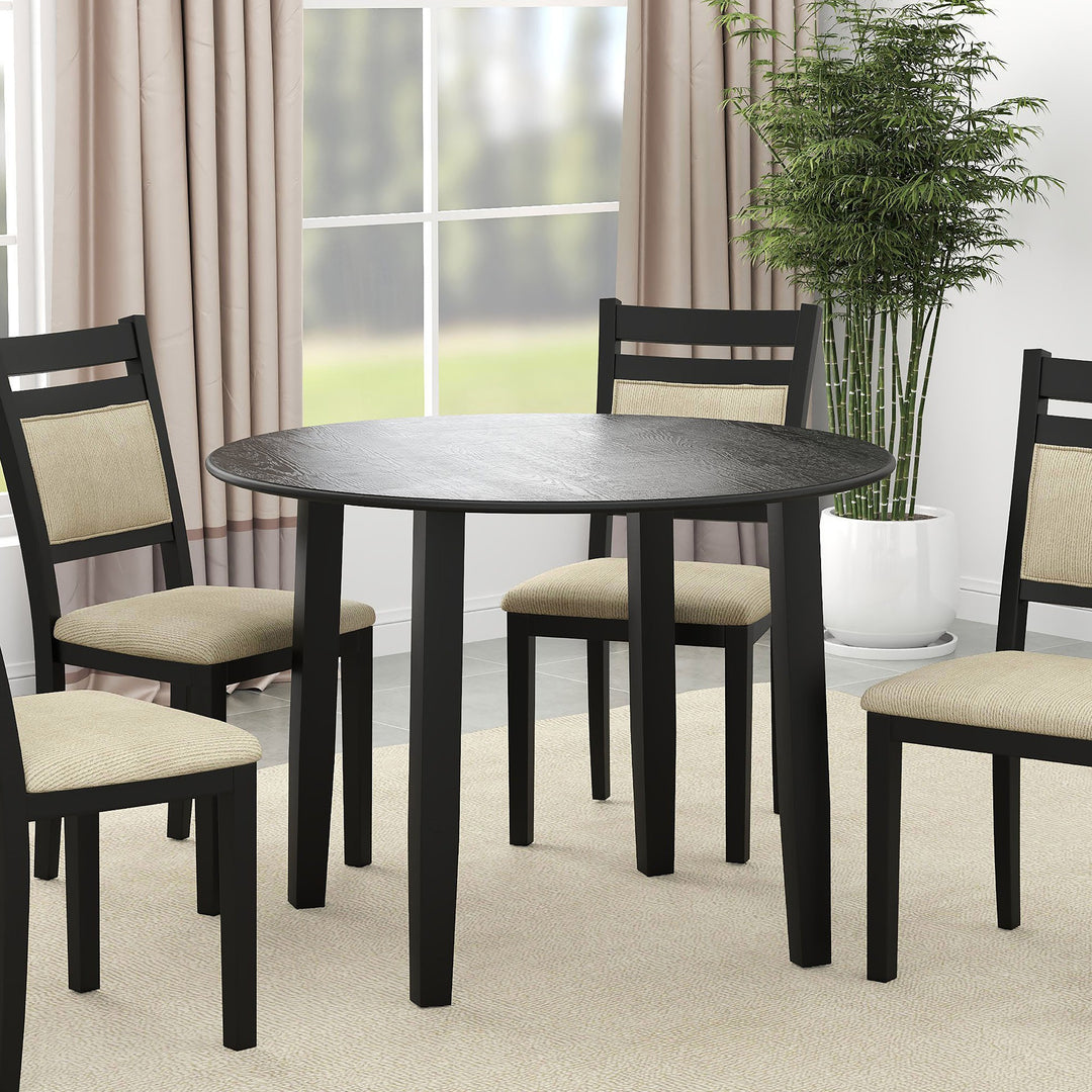 Rovina Modern Round Dining Table – Drop-Leaf Design with Black Wood Grain Finish