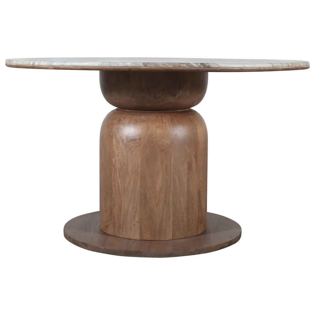 Norlix Mid-Century Modern Round Dining Table – Solid Mango Wood Table with Fantasy Brown Marble Top and Walnut Finish Pedestal Base