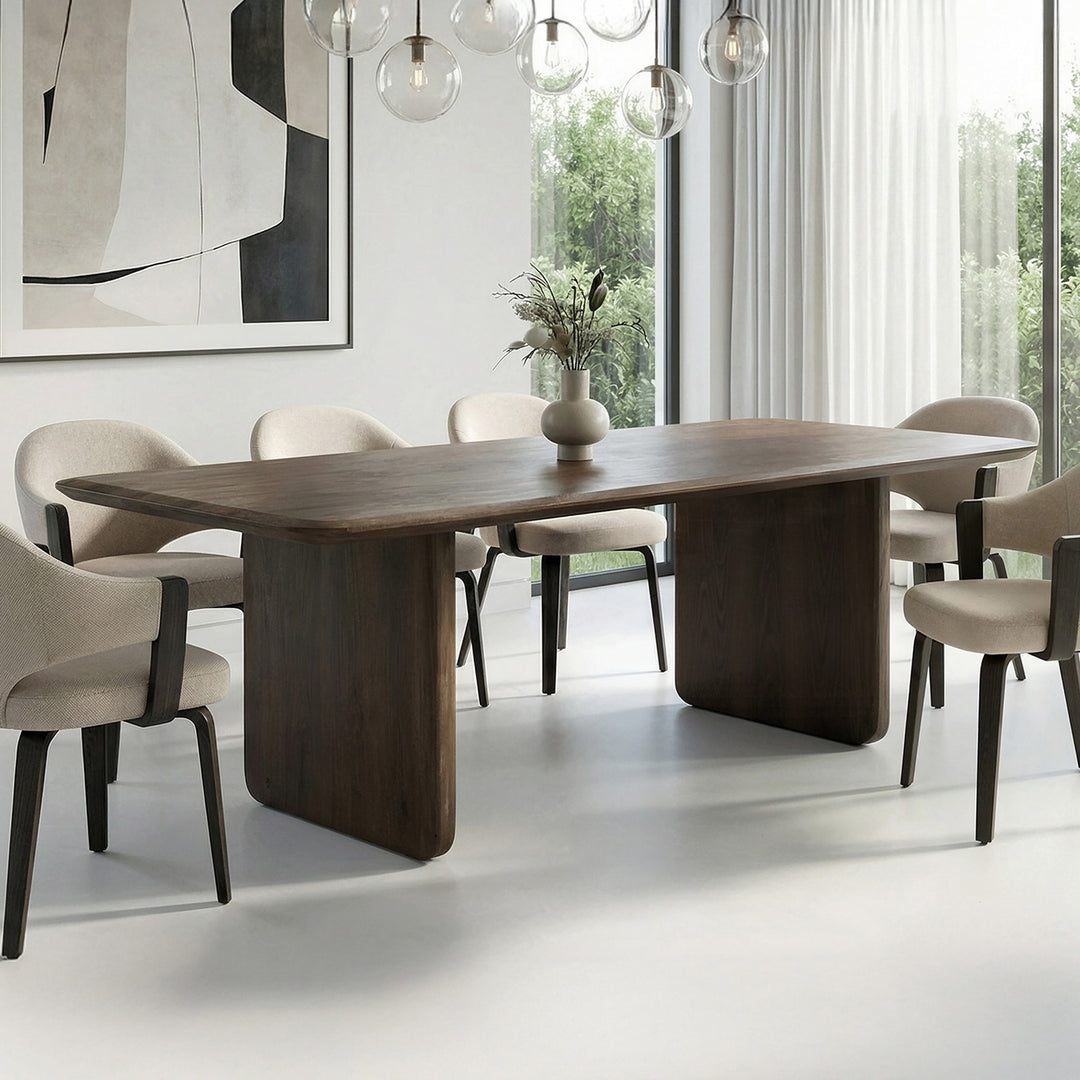 Delvico Mid-Century Modern Solid Mango Wood Dining Table – Mocha Finish with Sculptural Panel Leg Design
