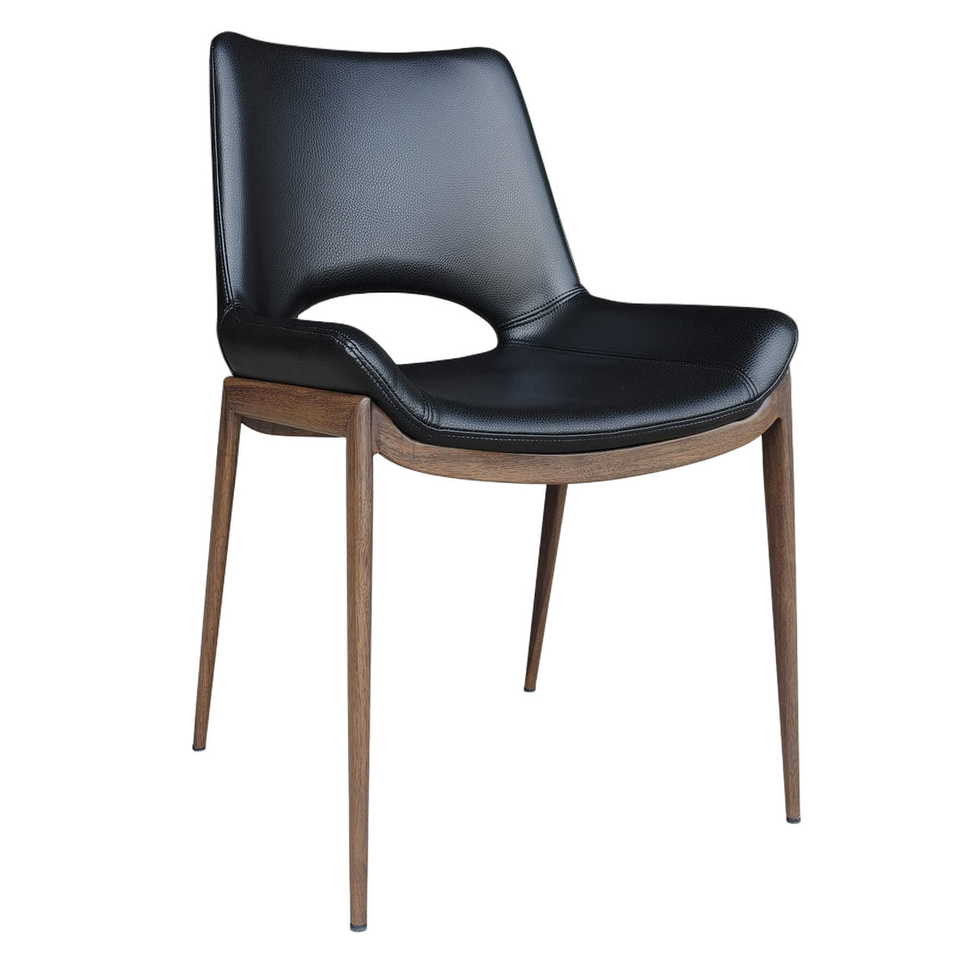 Torano Mid-Century Modern Dining And Lounge Chair in Walnut Finish with Textured Faux Leather Upholstery, Contoured Seat, Metal Frame – Set of 6