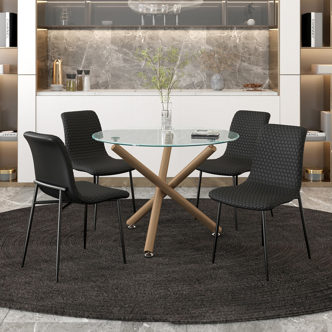 Miraggio Modern Dining Chair Set of 2 – Matte Black Faux Leather Upholstered Chairs with Hexagon-Stitch Detailing and Matte Black Metal Legs