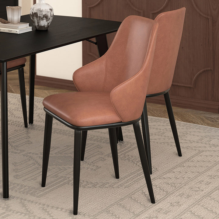 Bellora Modern Dining Chair with Faux Leather Upholstery, Contoured Seat Back, Matte Black Metal Frame And Legs – Set of 2