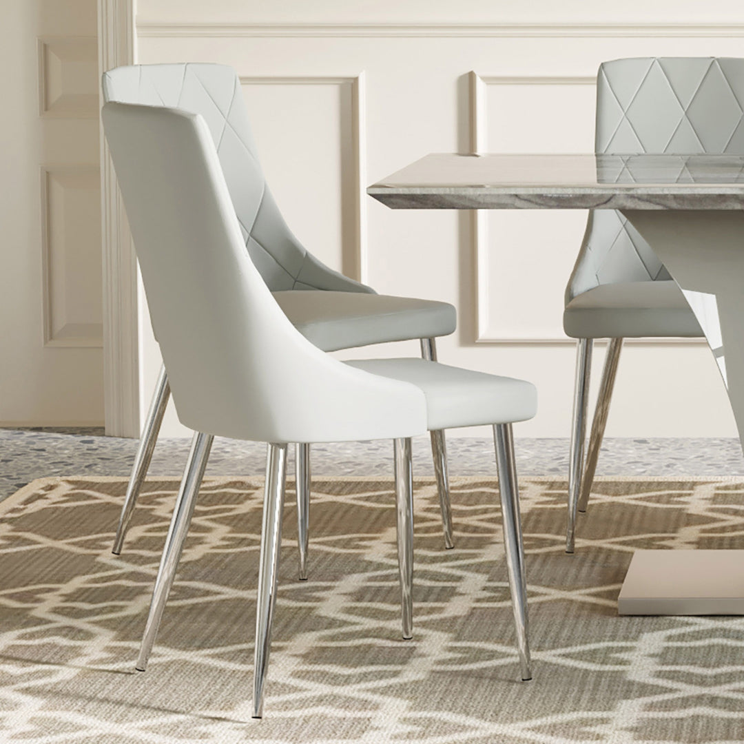 Corenza Mid-Century Modern Dining Chair with Faux Leather Upholstery, Curved Wood Seat Frame And Chrome Metal Legs – Set of 2