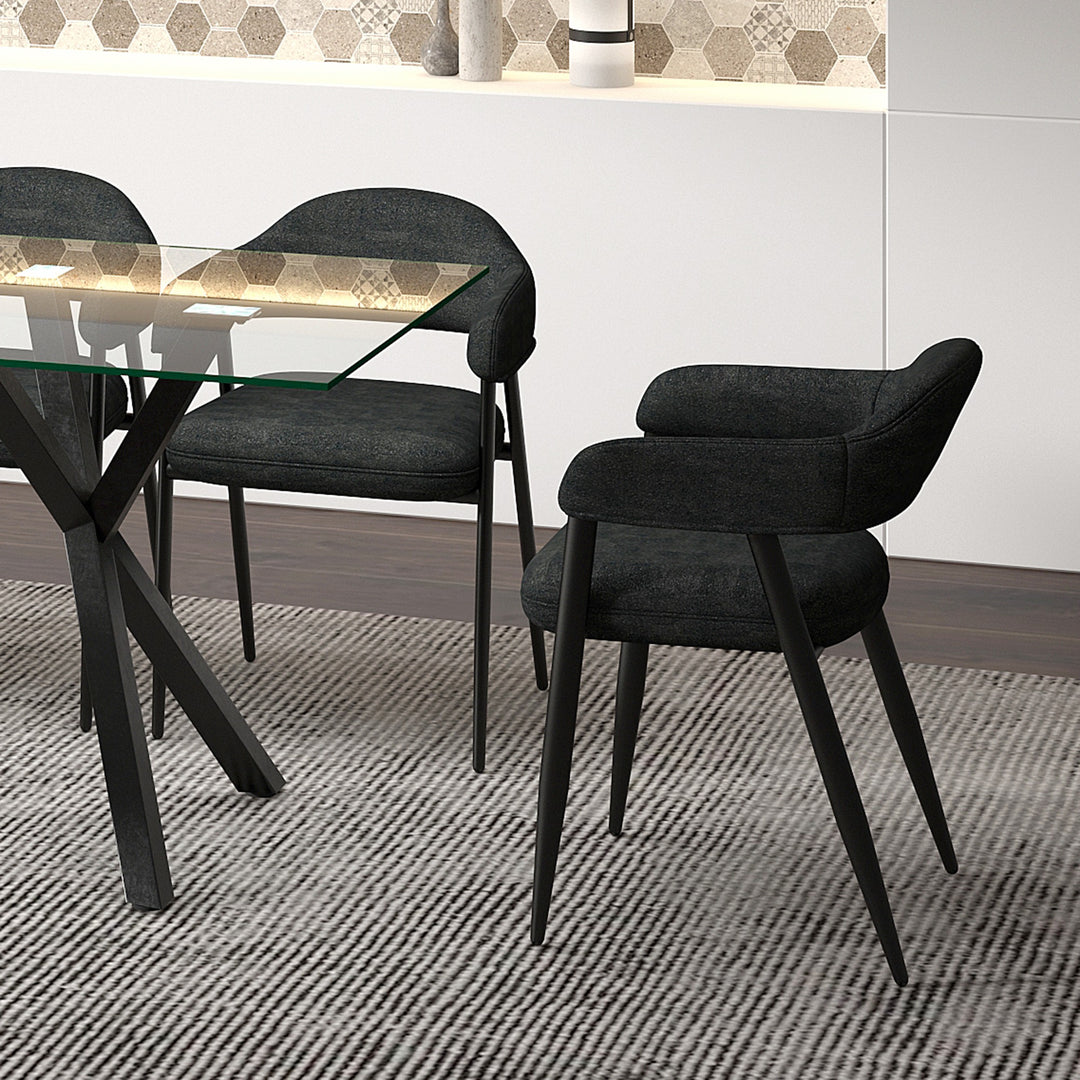 Loreza Mid-Century Modern Dining Chair with Textured Fabric Upholstery, Matte Black Metal Legs And Foam Cushion – Set of 2