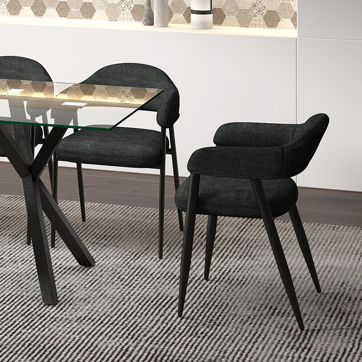 Loreza Mid-Century Modern Dining Chair with Textured Fabric Upholstery, Matte Black Metal Legs And Foam Cushion – Set of 2