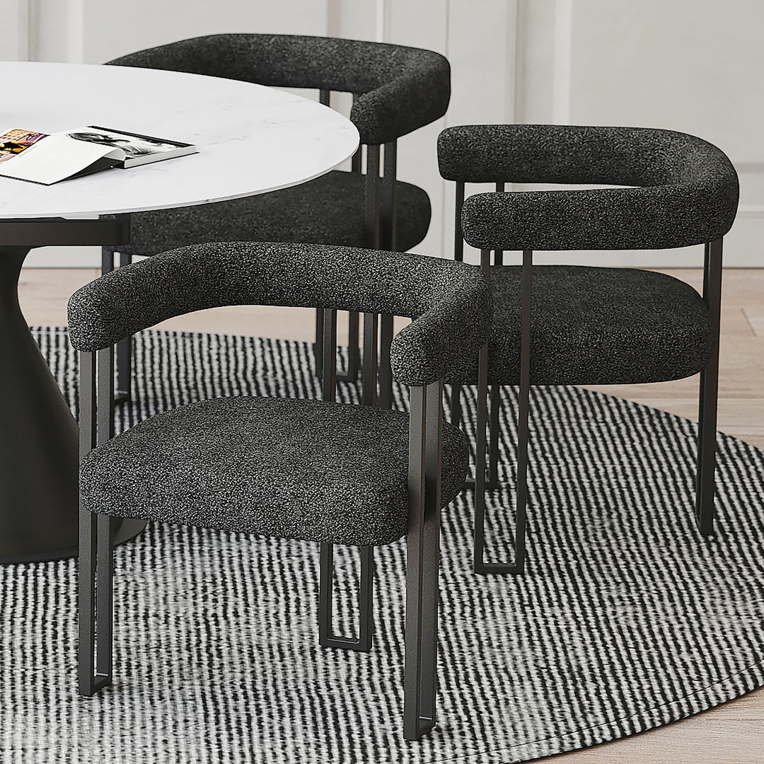 Varese Contemporary Dining Side Chair with Soft Boucle Fabric Upholstery, Black Metal Frame & Foam Cushion – Set of 2