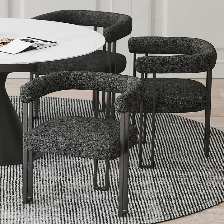 Varese Contemporary Dining Side Chair with Soft Boucle Fabric Upholstery, Black Metal Frame & Foam Cushion – Set of 2