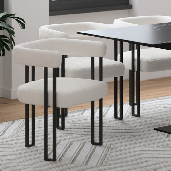 Varese Contemporary Dining Side Chair with Soft Boucle Fabric Upholstery in White, Black Metal Frame Anf Legs – Set of 2