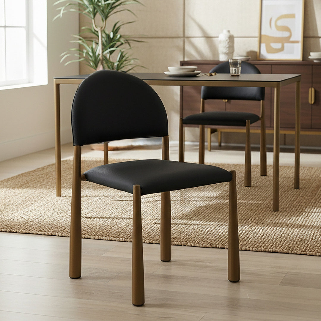 Crystaluxe 4-Piece Modern Dining Chair Set – Matte Black Textured Faux Leather Chairs with Aged Gold Metal Legs and Foam Cushion Seating