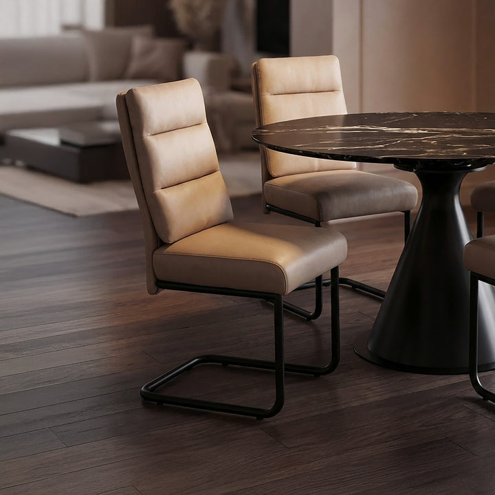 Astera Modern Dining Chair with Textured Faux Leather Upholstery in Mushroom PU, Black Metal C-Style Base And Back Handle – Set of 2