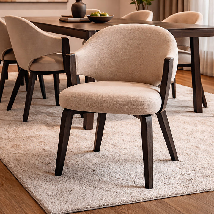 Cavello Modern Dining & Lounge Chair with Toffee Herringbone Performance Fabric Upholstery, Dark Walnut Bentwood Arms And Legs – Set of 2