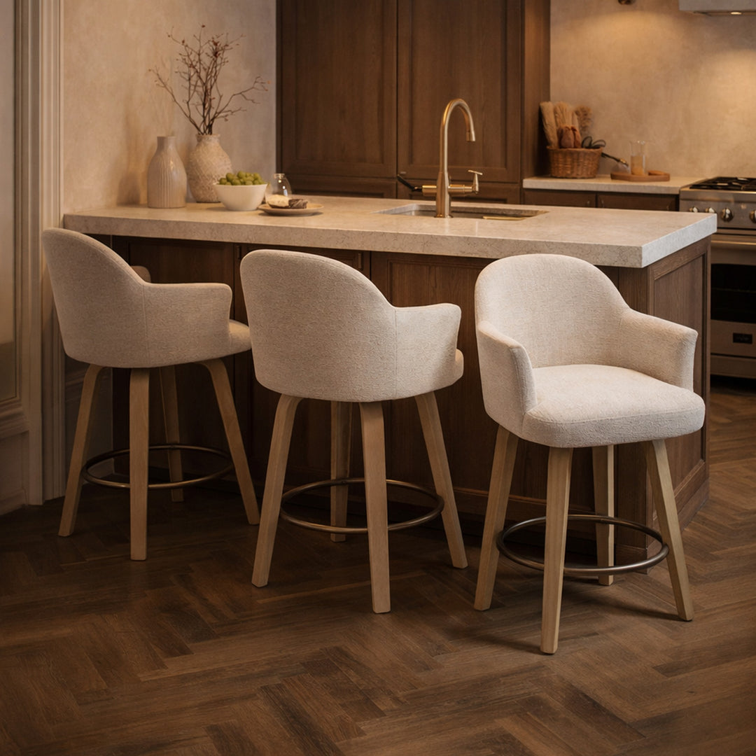 Zephrano Set of 2 26" Counter Height Stools with 360° Swivel Seat, Soft Fabric Upholstery And Washed Oak Finish