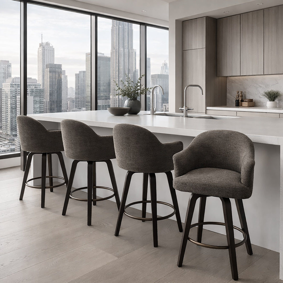 Zephrano Set of 2 26" Counter Height Stools with 360° Swivel Seat, Soft Fabric Upholstery And Dark Walnut Finish