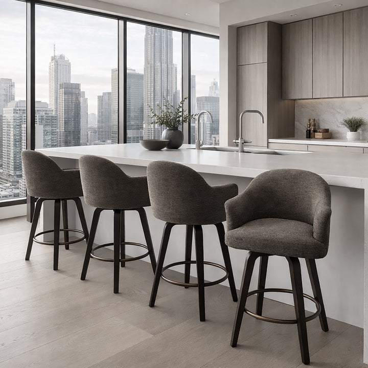 Zephrano Set of 2 26" Counter Height Stools with 360° Swivel Seat, Soft Fabric Upholstery And Dark Walnut Finish