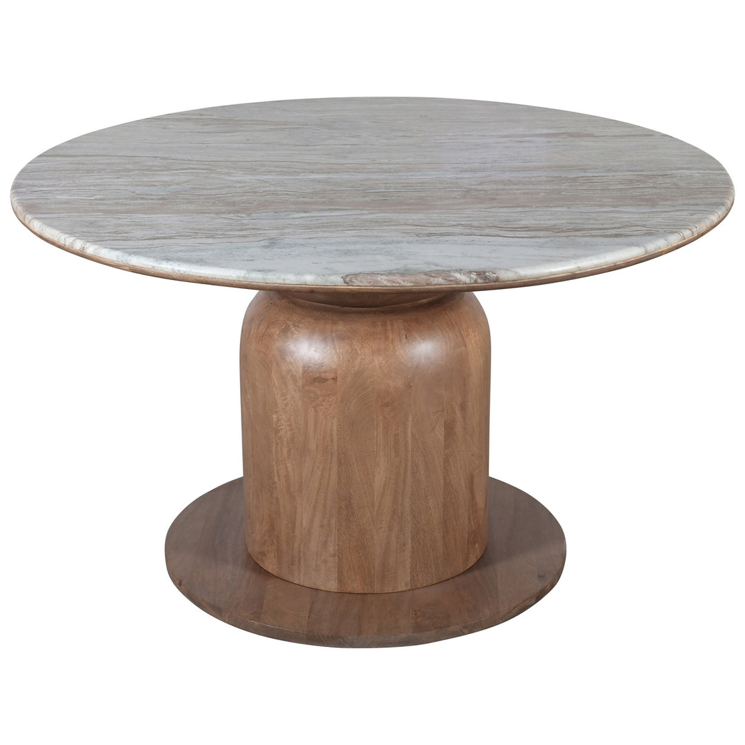 Norestone Mid-Century Modern Round Dining Table with Solid Mango Wood Pedestal Base, Fantasy Brown Marble Top & Walnut Finish