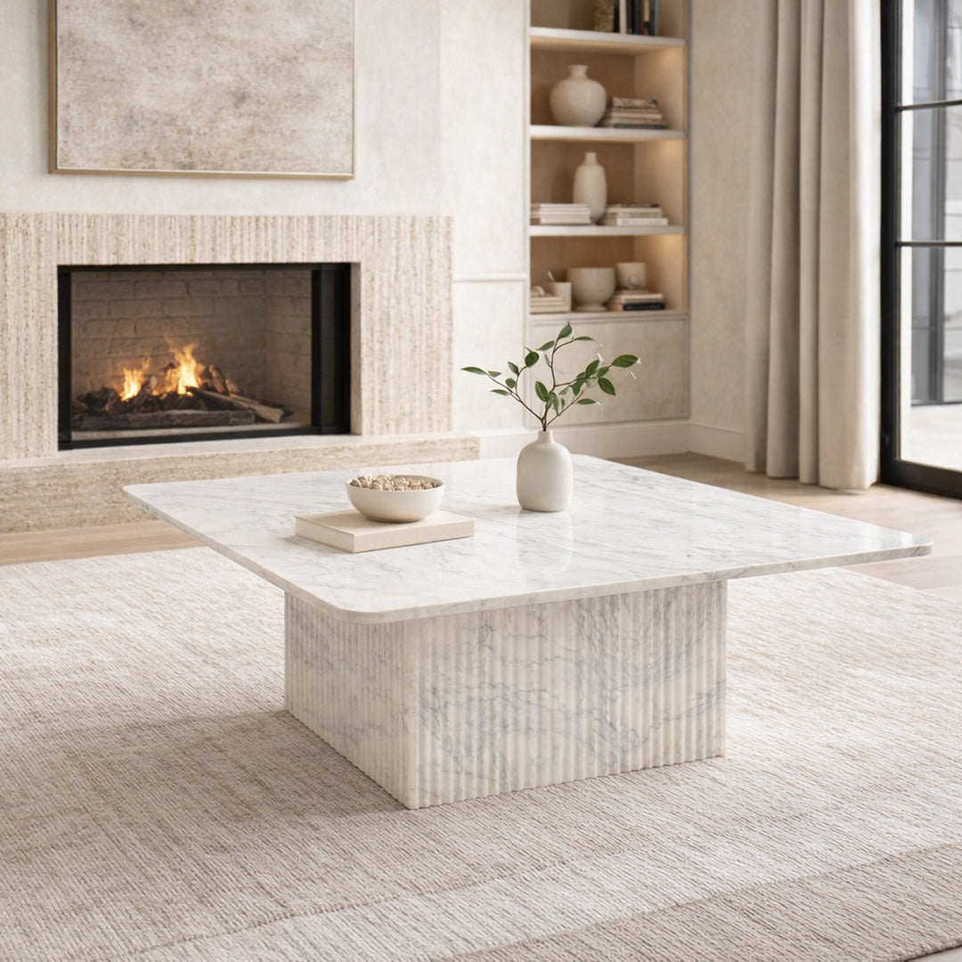 Stonevale Modern Sculpted Marble Coffee Table with Fluted Square Pedestal Base