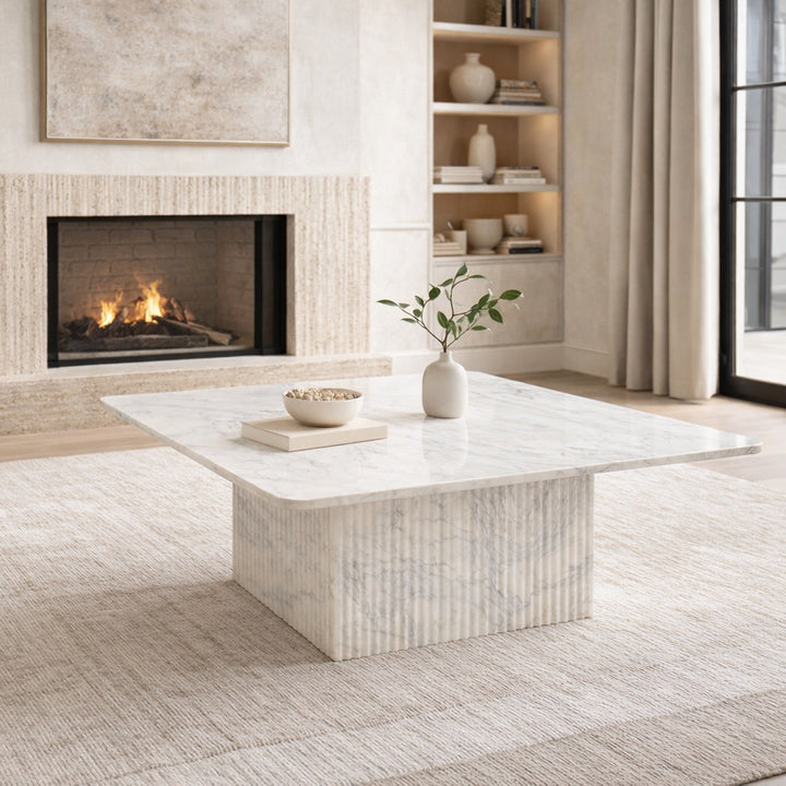 Stonevale Modern Sculpted Marble Coffee Table with Fluted Square Pedestal Base