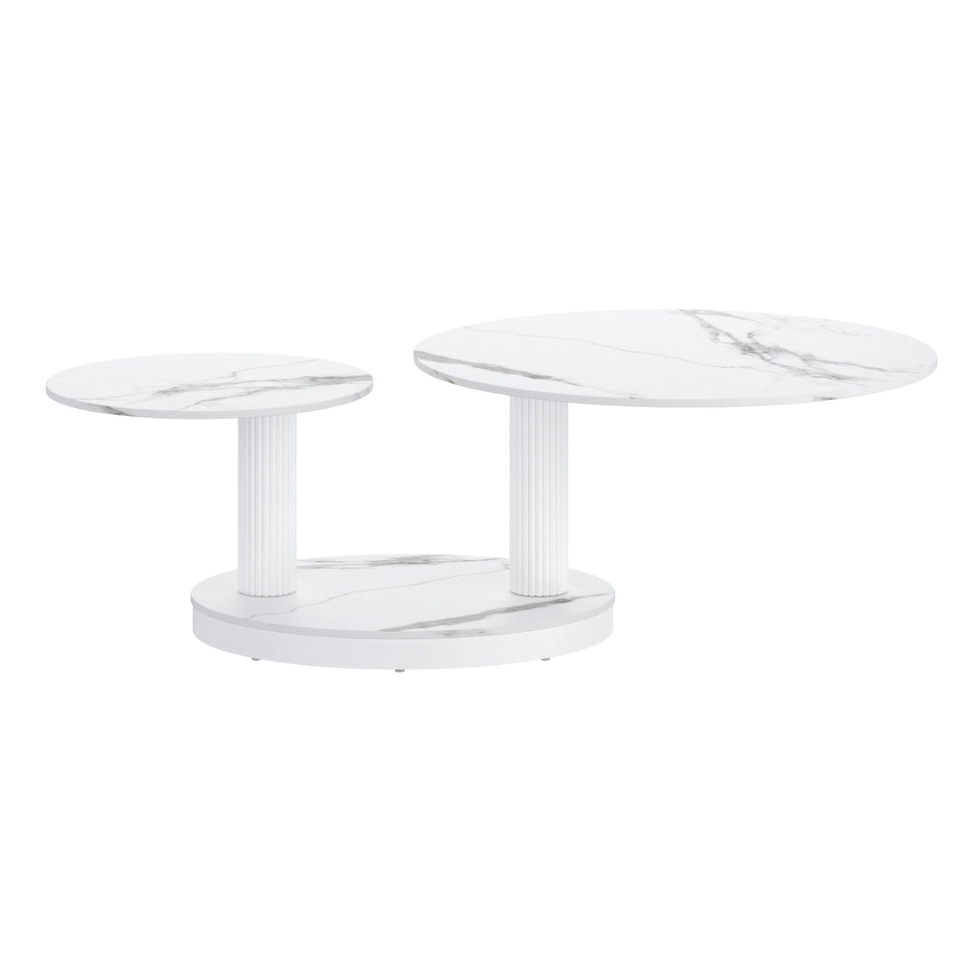 Trionex Contemporary Coffee Table – Extendable Sintered Stone Top with White Marble Finish & Reeded Steel Base