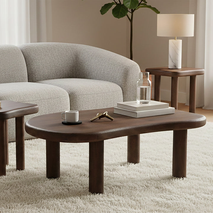 Carvello Freeform Solid Mango Wood Coffee Table with Thick Rounded Top & Dark Walnut Finish