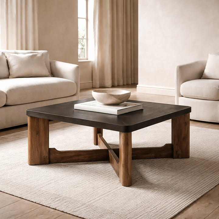Parklore Mid-Century Modern 2-Tone Coffee Table with Solid Mango Wood Cross Base And Mocha Finish
