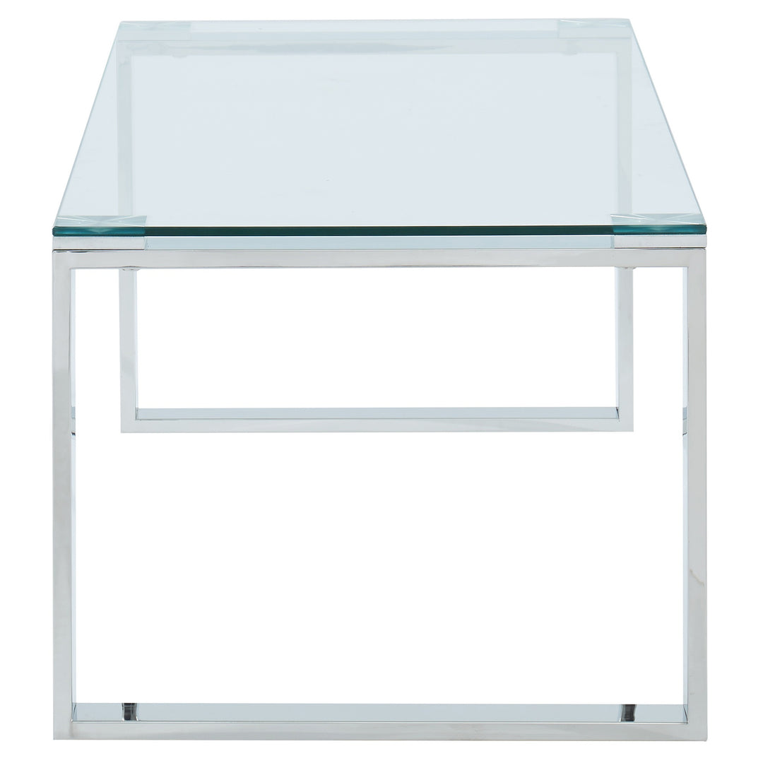 Elsinora Contemporary Coffee Table – 8mm Clear Tempered Glass Top with Stainless Steel Frame (Polished Silver Finish)