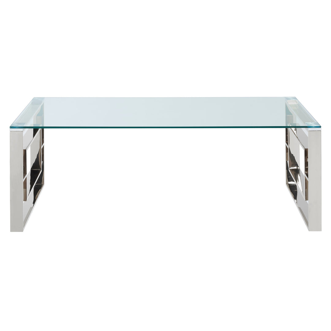 Virello Contemporary Coffee Table – 8mm Clear Tempered Glass Top with Geometric Lattice Stainless Steel Frame (Polished Silver Finish)