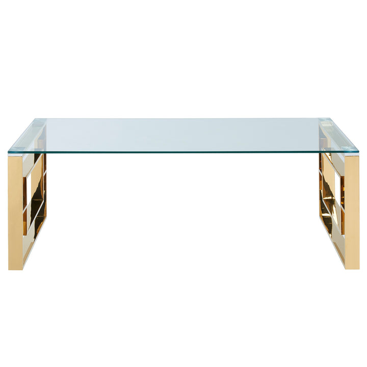 Velquro Contemporary Coffee Table – 8mm Clear Tempered Glass Top with Geometric Lattice Stainless Steel Frame (Polished Gold Finish)