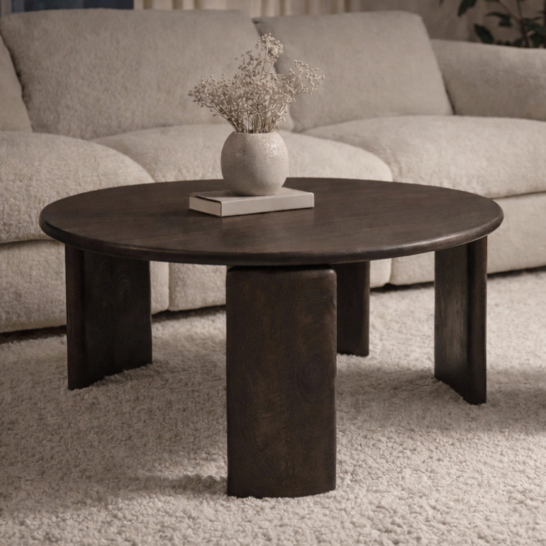 Lansmere Mid-Century Modern Solid Mango Wood Round Coffee Table with Rich Mocha Finish
