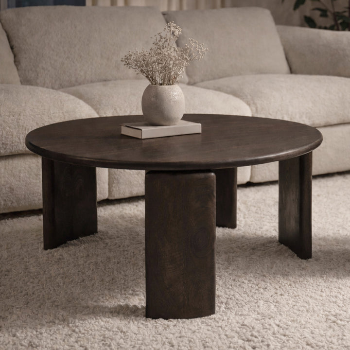 Lansmere Mid-Century Modern Solid Mango Wood Round Coffee Table with Rich Mocha Finish