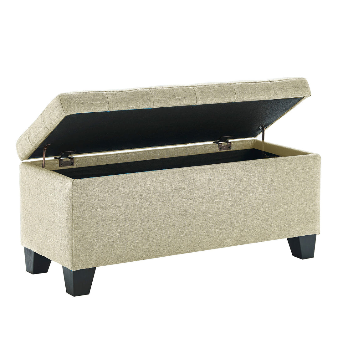 Mytrano Modern Storage Bench – Square Tufted Upholstered Bench with Deep Storage & Safety Hinges